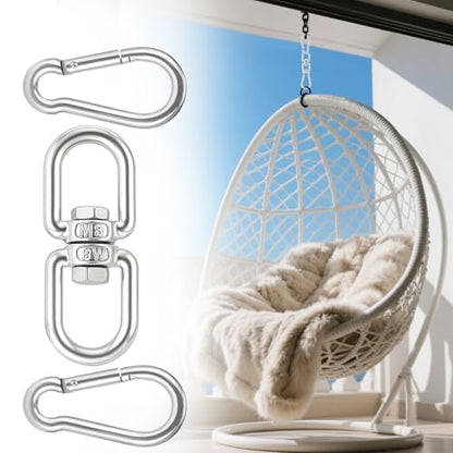 Swing Swivel, Heavy Duty 304-Stainless Steel Swivel Ring, Double Ended Eye Hook with Snap Hooks, Rotating Carabiner Swing Spinner Hanger for Web Tree (Silver, M8 x 1Pack) - color: Silver