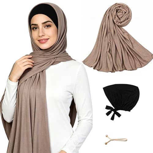 Hijab Scarf for Women, 3PCS Set with Undercap and Hijab Clip Lightweight Modal Muslim Head Wrap Scarf for Daily - color: Sy13-khika Hijab+black Undercap