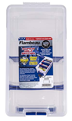 Flambeau Outdoors Super Half Satchel Soft Bait Organizer, Zerust, Clear | Organizes soft bait packages upright in 4 compartments with 3 Zerust dividers. Translucent lid and base, clear - size: 15x8x6.25-Inch