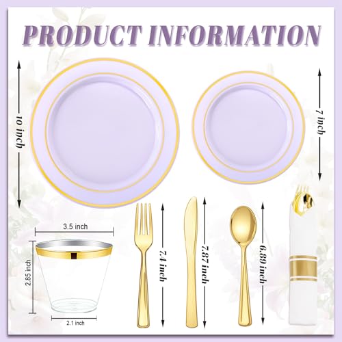 WDF Partyware 350PCS Purple Plates Disposable - Purple Plastic Plates 50Guests Lavender Disposable Dinnerware Sets with Rolled Napkins for Wedding/Birthday/Baby Shower/Bridal Shower - color: Purple, size: 350