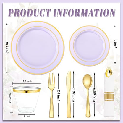 WDF Partyware 350PCS Purple Plates Disposable - Purple Plastic Plates 50Guests Lavender Disposable Dinnerware Sets with Rolled Napkins for Wedding/Birthday/Baby Shower/Bridal Shower - color: Purple, size: 350