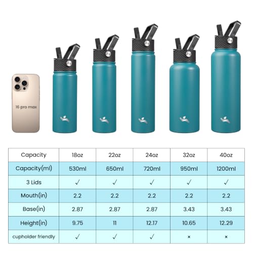 Konokyo Insulated Water Bottle 24oz Stainless Steel Sport Bottles with 3 Lids,Light Blue - color: Light Blue, size: 24 Ounces
