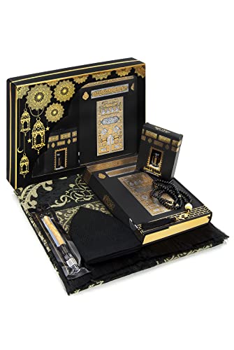 ihvan online Prayer Gift Box for Hajj and Umrah, Muslim Prayer Rug, Islamic Mat, Beads Tesbih, Holy Quran, Miswak, Muslim Kufi Hat, Islamic Deluxe Set for Ramadan & Eid Gift, Black/Set 2 - color: Black / Set 2