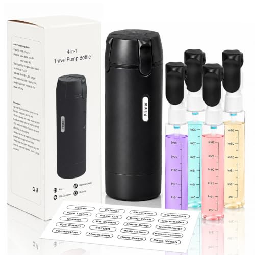 4 in 1 Travel Dispenser Bottle, Leakproof Travel Size Toiletries Holder, Refillable Portable Containers for Shampoo Lotion Conditioner Cream Transparent with Label (Black) - color: Black