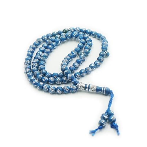 Unisex Adult Muslim Prayer Beads Rosary Necklace, 99 Blue Agate Beads, 8mm, 26" Circumference
