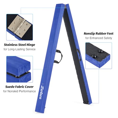 ZELUS 8' Folding Gymnastics Balance Beam, Floor Balance Beam w/Carry Handles Anti-Slip Base for Kids, Beginners & Professional Gymnasts - color: Blue