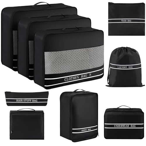 9 Set Packing Cubes Luggage Packing Organizers for Travel Accessories Space Saving Travel Bags for Carry On, Lightweight Mesh Zipper, Clothes, Shoes, Laundry and Shoe Bag, Suitcases (BLACK) - color: BLACK