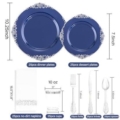 Hioasis 175pcs Blue and Silver Plastic Plates - Elegant Disposable Dinnerware Set Suitable for 25 Guests Include 10.25" Dinner & 7.5" Dessert Plates, Cutlery, Napkins, Cups for Party & Wedding - color: Blue and Silver