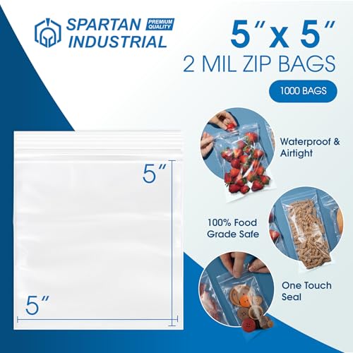 Spartan Industrial - 5” X 5” (1000 Count) 2 Mil Clear Reclosable Zip Plastic Poly Bags with Resealable Lock Seal Zipper - size: 5” X 5”