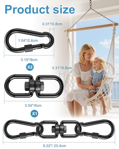 Swing Swivel, Heavy Duty 304-Stainless Steel Swivel Ring, Double Ended Eye Hook with Snap Hooks, Rotating Carabiner Swing Spinner Hanger for Web Tree (Black, M8 x 1Pack) - color: Black