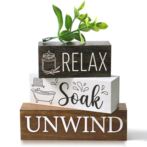 4Pcs Wooden Bathroom Shelf Decor Rustic Bathroom Signs Accessories with Faux Eucalyptus Leaves Wood Block Sign Gift Relax Soak Unwind Table Centerpiece Decor for Home Toilet - color: Relax