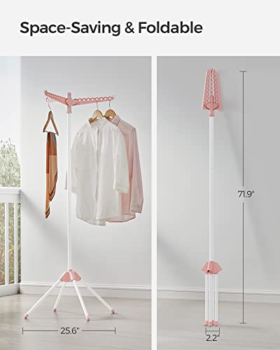 SONGMICS 의류 건조대, 149.9cm(59인치) 접이식 세탁 건조대, 행거용 회전 가능한 팔 3개, 다리 4개, 스테인리스 스틸, 옷 27피스용, 핑크 및 화이트 ULLR510P01 - color: 핑크 + 화이트., style: 1단