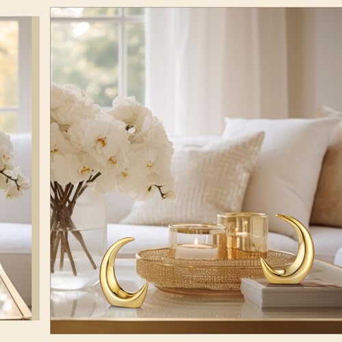 CroBlissful 2 Pieces Gold Moon Statue Home Decor Modern Style Ceramic Figurines Crescent Moon Decorative Ornaments for Living Room Bedroom Office Table Desktop Cabinets Accents Bookshelf Desk