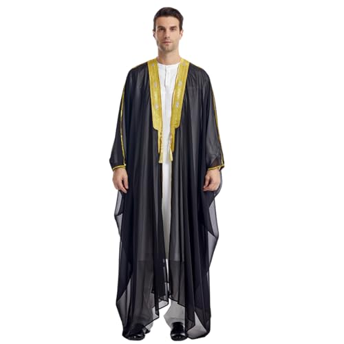 FYMNSI Men's Robe Muslim Clothes Kimono Loose Abaya Dresses Long Sleeve Embroidered Chiffon Kaftan Casual Formal Dubai Thobe - color: Black, size: Medium