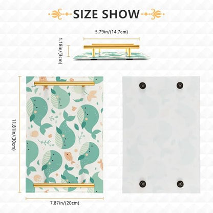 Bathroom Vanity Tray Counter Organizer, Turquoise Whales and Small Fish Pattern Decorative Tray with Handles Countertop Storage for Bathroom Bedroom Kitchen Home Farmhouse