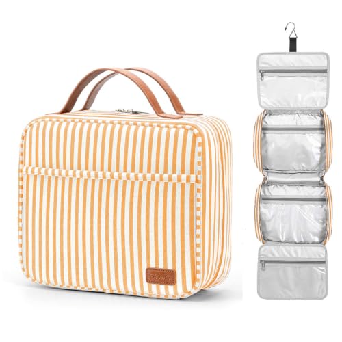 Bosidu Hanging Travel Toiletry Bag,Large Capacity Cosmetic Travel Toiletry Organizer for Women with 4 Compartments & 1 Sturdy Hook,Perfect for Travel/Daily Use/Christmas - color: Orange Strip