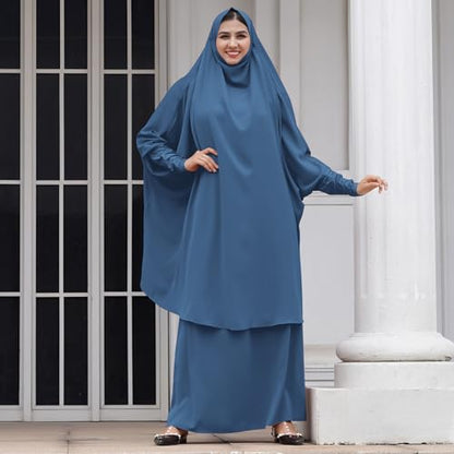 Abayas for Women Muslim Chiffon Prayer Burqa Dress Burkas for Women Muslim Hijab Dress Full Length Islamic Veil Abaya Set - color: Blue