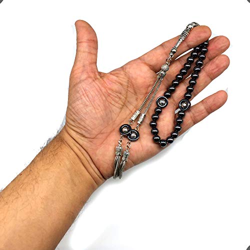 Design - Long & Stylist Tassels Worry Beads - Prayer Beads (8 mm-33 Beads) Tesbih-Tasbih-Tasbeeh-Misbaha-Subha-Sebha-Sibha-Rosary (Black Hematite - Silver Plated) - color: Black Hematite - Silver Plated