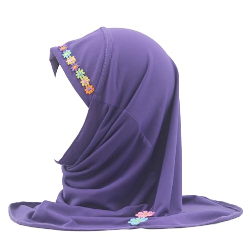 Girls Instant Hijab – Soft Kids Muslim Scarf with Flower, Breathable One-Piece Headscarf for Toddlers Age 2-8 - color: Small Flower-purple