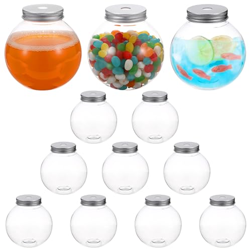 12 Packs Plastic Ivy Bowls Clear Fish Bowls with Lid and Straws, 16.9 oz Ball Shape Clear Drink Bowl Summer Drink Cups, Spherical Bulb Cups for Candy, Party Favors,Drinks