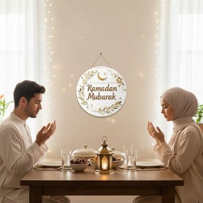 Ramadan Wreath for Front Door - Islamic Ramadan Mubarak Wooden Hanging Sign Ramadan Door Decoration Eid Mubarak Moon Stars Leafy Vine Branches Pattern Outdoor Home Wall Window Decor Gifts