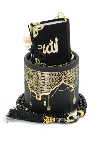 ihvan online Mini Quran & Tesbih Gift Set with Cylinder Box – 99 Pearl Muslim Prayer Beads, Misbaha Tasbeeh Sibha Mala – Islamic Ramadan, Eid & Mawlid Gift for Men & Women, Black - color: Black