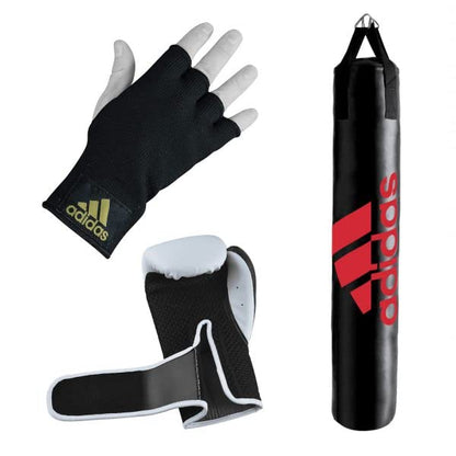 Adidas Home use Heavy Bag with Hybrid 150 Boxing Gloves and Protective Inner gloves - Home Gym Bundle deal- For Boxing , Kick Boxing Punching and Training - Red, Gold, White, Black, - Sizes 10 0z, 12 oz, 16 oz,4ft, 5ft, Medium - color: BlackRed/WhiteBlack