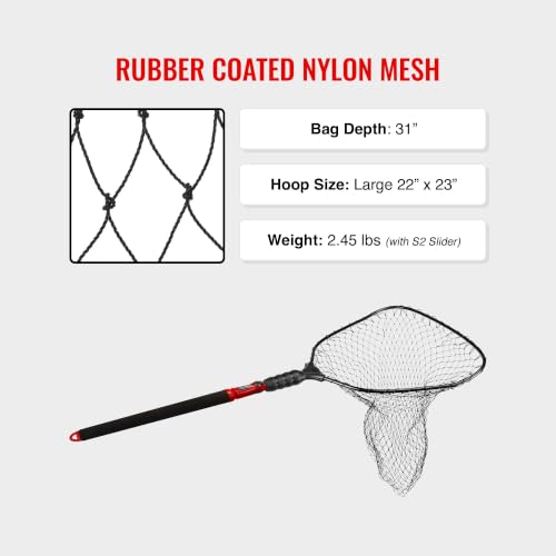 EGO S2 Slider Fishing Net Handle | Adjustable Extension Handle, Minimal Water Drag Design, Ergonomic Foam Grip for Landing Nets - size: 29" to 60" Handle, 24" x 27" Hoop, style: Rubber Coated Nylon Mesh