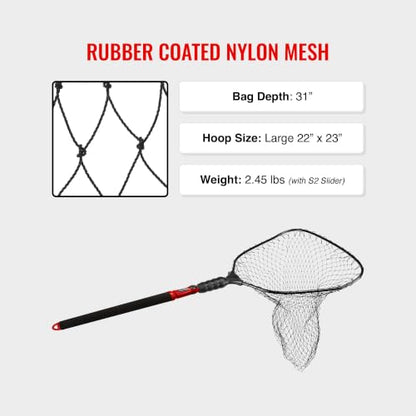 EGO S2 Slider Fishing Net Handle | Adjustable Extension Handle, Minimal Water Drag Design, Ergonomic Foam Grip for Landing Nets - size: 29" to 60" Handle, 24" x 27" Hoop, style: Rubber Coated Nylon Mesh