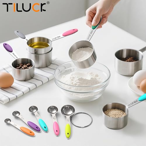 Nesting Measuring Cups and Spoons Set, Stainless Steel with Soft Silicone Handle – Heavy Duty & Dishwasher Safe for Measuring Dry/Liquid Ingredients, Ideal for Cooking & Baking (12)