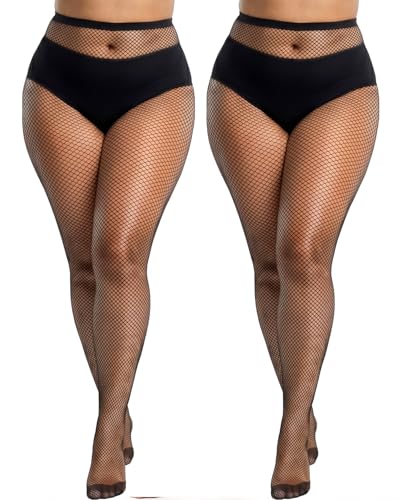 2 Pairs Plus Size Black Fishnet Stockings for Women High Waist Fishnet Tights - color: Black