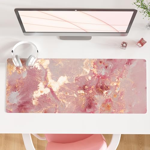 QiyI PU Leather Large Mouse Pad, Office Decor, 31.5" x 11.8", Rose Gold | Desk Décor Accessories, Extended Size, Waterproof & Easy to Clean, Smooth Surface, Non Slip Desk Organization - color: Pink Gold Marble, size: 31.5" x 11.8"
