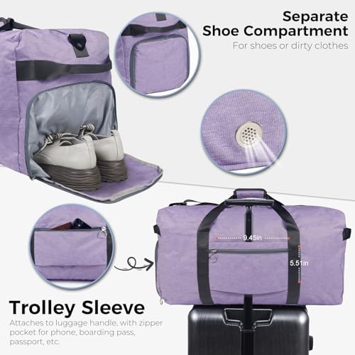 Fmeida 65L Duffle Bag with Shoes Compartment, Foldable Travel Duffel Bags for Men Women, Large Packable Travel Bag Water Repellent & Tear Resistant (Purple) - color: Textured Purple