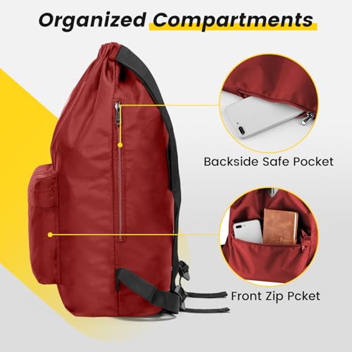 Vorspack Drawstring Backpack Water Resistant String Bag Sports Gym Sack with Side Pocket for Men Women - color: Red