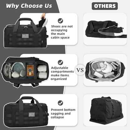 ZOMFELT Tactical Gym Bags for Men, Travel Duffle Bag with Removable Dividers & Innovative Shoe Compartment, 3-in-1 Waterproof MOLLE Gym Duffel Backpack, Airplane Carry-On Approved, Black - size: Large