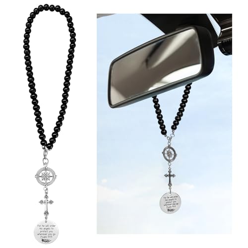 Wevdn Cross Car Charm, Rear View Mirror Christian Cross Charm with Compass Bead Chain, Religious Pendant for He Will Order His Angels to Protect You Wherever You Go Psalm 91:11