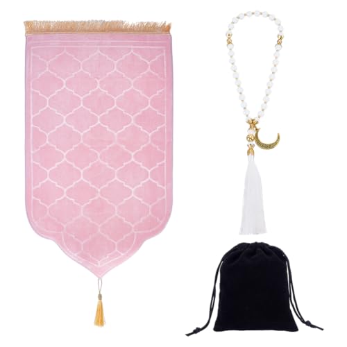 BENECREAT 43.3x26 Inch Muslim Prayer Rug, Soft Memory Foam Prayer Matt with Tasbih Prayer Beads for Portable Ceremony, Pink - color: Pink