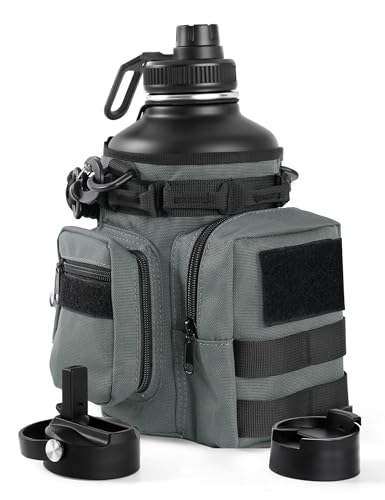 Tactical Half Gallon Water Bottle with Straw, 64 Oz Insulated Water Jug with Molle Water Bottle Holder, Stainless Steel Sport Bottle with 3 BPA Free Lids for Gym Workout Hiking (64oz-Gray) - color: 64oz-Gray