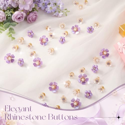 50 Pcs Pearl Rhinestone Brooch Pin Flower Embellishments Brooches and Pins for Women Lapel Pins No Sew Button Charms Accessories for Clothes Bags Wedding DIY Crafts, 5 Styles - color: Purple