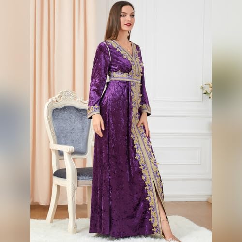 IDOPIP Muslim Women Velvet Dress Embroidery Abayas Long Sleeve V-Neck Moroccan Maxi Kaftan Dubai Robe Arabic Islamic Clothing - color: Purple, size: X-Large
