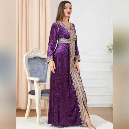 IDOPIP Muslim Women Velvet Dress Embroidery Abayas Long Sleeve V-Neck Moroccan Maxi Kaftan Dubai Robe Arabic Islamic Clothing - color: Purple, size: XX-Large