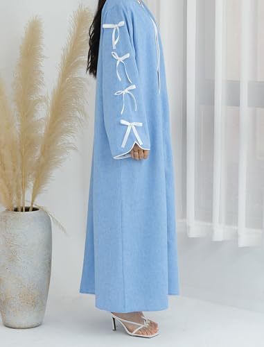 ODIZLI Women's Eid Abaya Dresses Long Sleeve Open Front Pearl Bowknot Prayer Dress Ramadan Cardigan Dubai Kaftan - color: Blue, size: Large