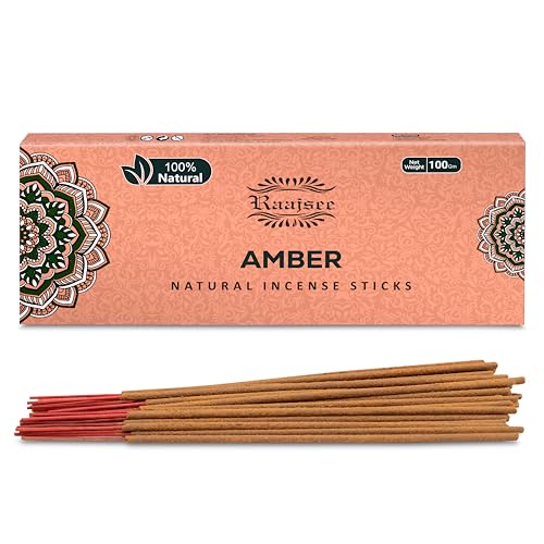 Raajsee Amber Incense Sticks 100 Gm Pack-100% Pure Organic - Natural Hand Rolled Free from Chemicals-Insence for Church,Relaxation, Meditation & Sensual Therapy - color: Amber