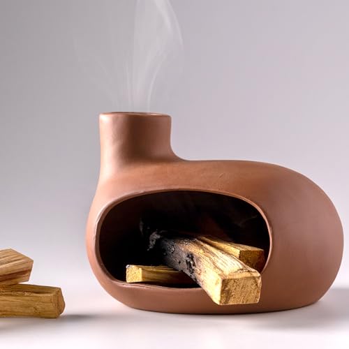 MOUGIGI Terracotta Palo Santo Holder - Modern Chiminea Incense Burner for Yoga, Meditation, and Energy Cleansing - Wood Sticks Dish, Sage Ash Catcher, Smudge Bowl, Cone Burner - Unique Meditation Gift - color: Matte Clay -Terracotta