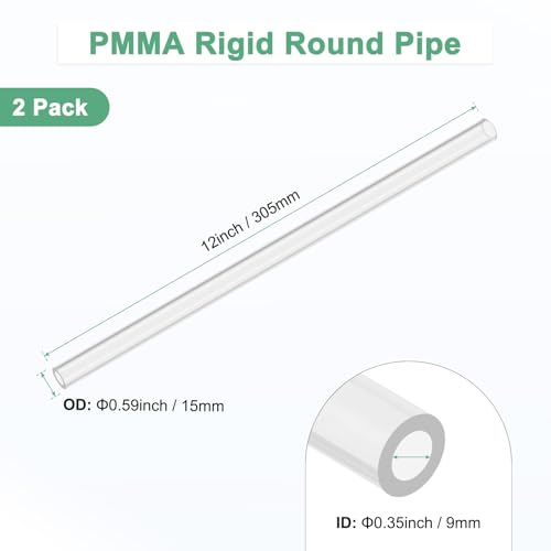 M METERXITY 2-Pack Clear Rigid Acrylic Pipe, 9mm[0.35"] ID x 15mm[0.59"] OD Plastic Round Tube for Water Cooling System/Lamps/Fountains/Aquariums/Display Stand, Acrylic Tubing [305mm/12IN] - size: 9mm ID x 15mm OD