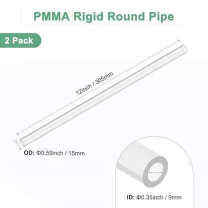M METERXITY 2-Pack Clear Rigid Acrylic Pipe, 9mm[0.35"] ID x 15mm[0.59"] OD Plastic Round Tube for Water Cooling System/Lamps/Fountains/Aquariums/Display Stand, Acrylic Tubing [305mm/12IN] - size: 9mm ID x 15mm OD