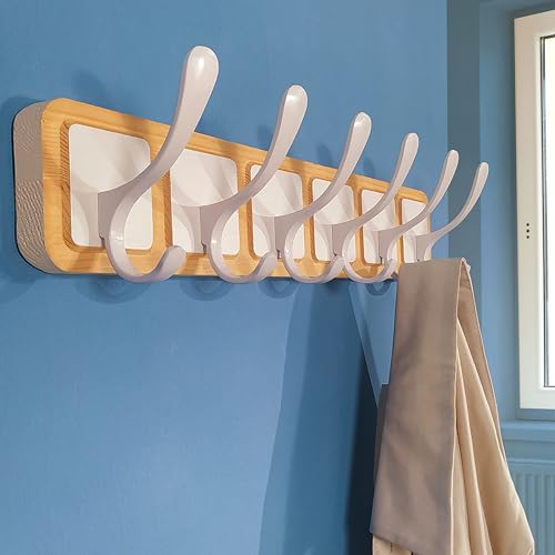 SKOLOO Coat Rack Wall Mount - Scandi-Style Wooden Carved-Block Coat Hook,Pack of 2, Wall Coat Hanger with 6 Hooks for Hanging Coats, Hats, Clothing, Scarfs, Natural & White - color: White on Natural