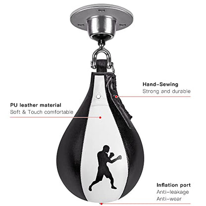 Benelabel Boxing Speed Bag with 360° Swivel Mount Premium Leather Boxing Speed Bag with Hanger and Inflator - Easy to Install and Use - Improve Your Speed and Reflexes - color: White and Black Speed Bag with Swivel