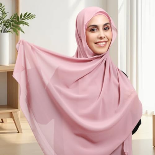Women Instant Chiffon Hijab Set 3-in-1 Hijabs Scarf Muslim Soft Long Head Scarf with Built-in Magnets and Undercap - color: Pink