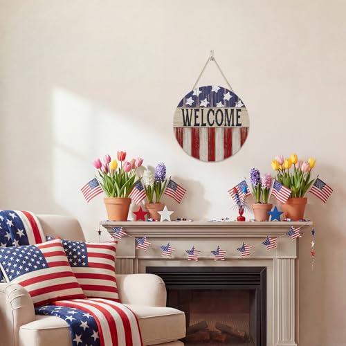 Smile Patriotic American Flag Welcome Wooden Round Door Hanger, 4th of July Front Door Sign for Independence Day & Memorial Day Decor - style: Flag Welcome
